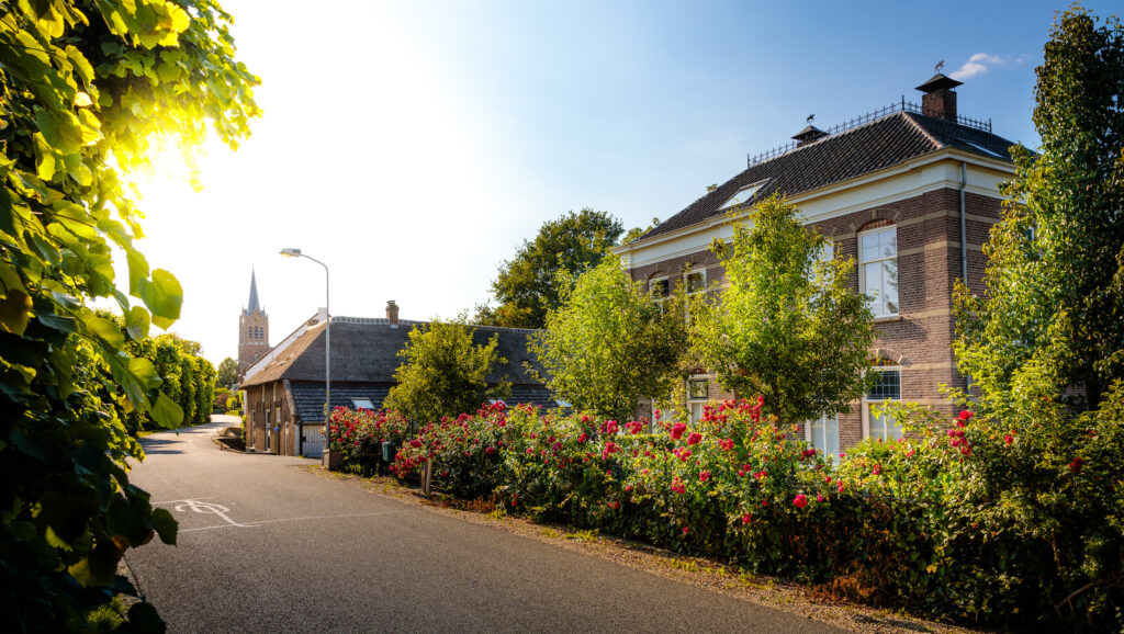 straat met kerk en huizen in zonlicht in Land van Maas en Waal